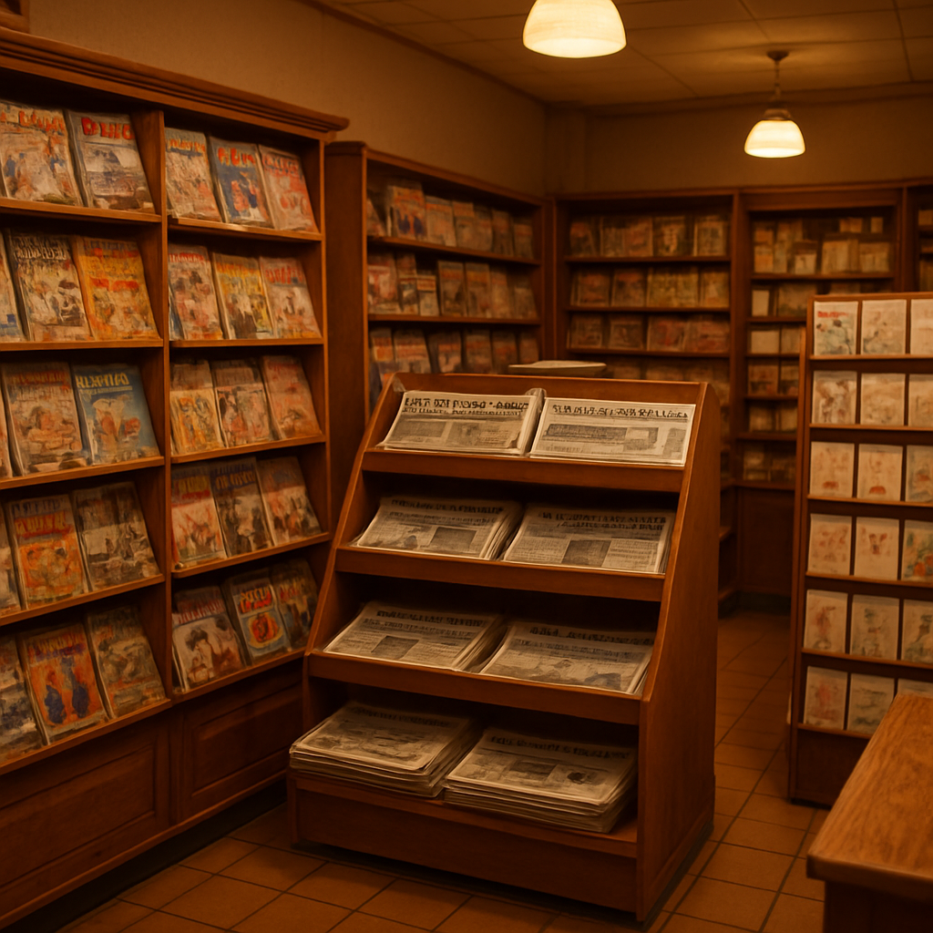 Interior of Cobar Newsagency showing magazine racks and greeting cards