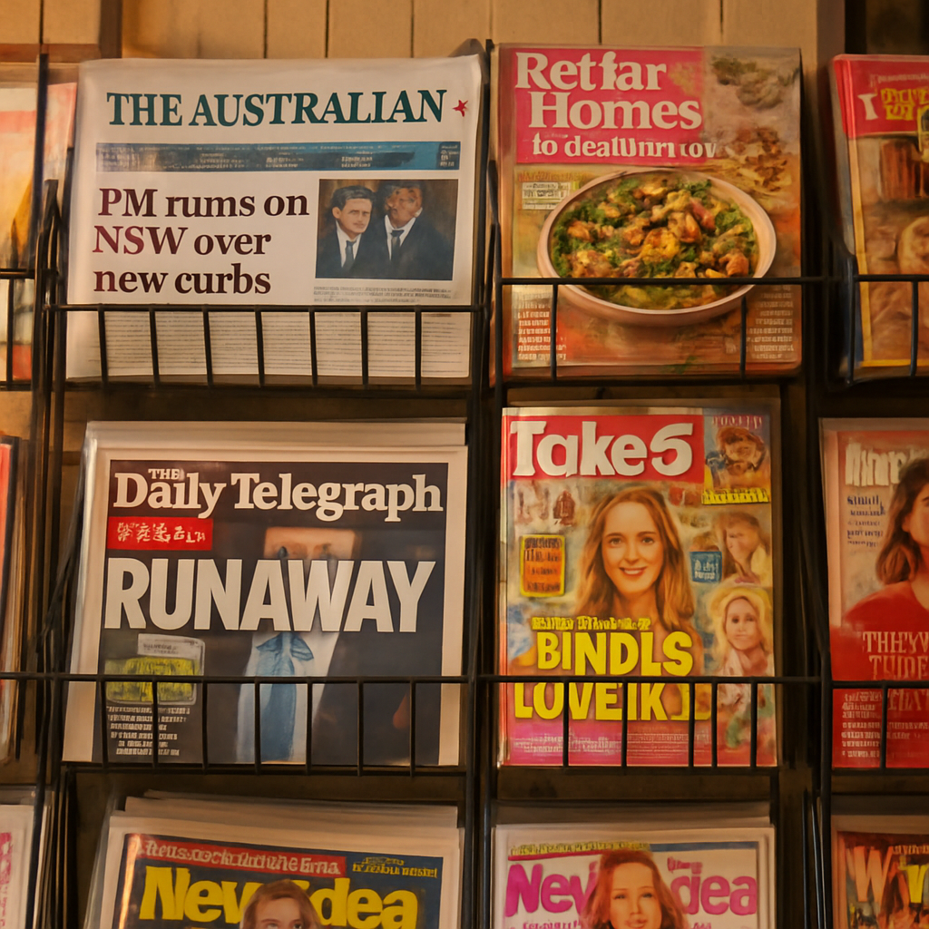 Rack of newspapers and magazines at Cobar Newsagency